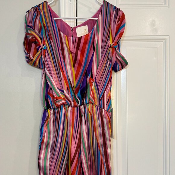 Line & Dot Multicolor Puff Sleeve Silk Mini Dress | Size S - Picture 5 of 11